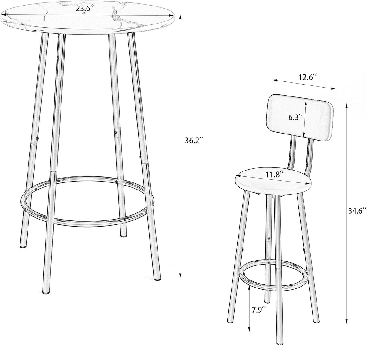 3 Pieces Round Bar Table Set, Small Dining Table for 2 Faux Marble Tabletop | Kitchen Bar Table, 2 Stools with Backrest, Breakfast Table with Storage, Round Tabletop