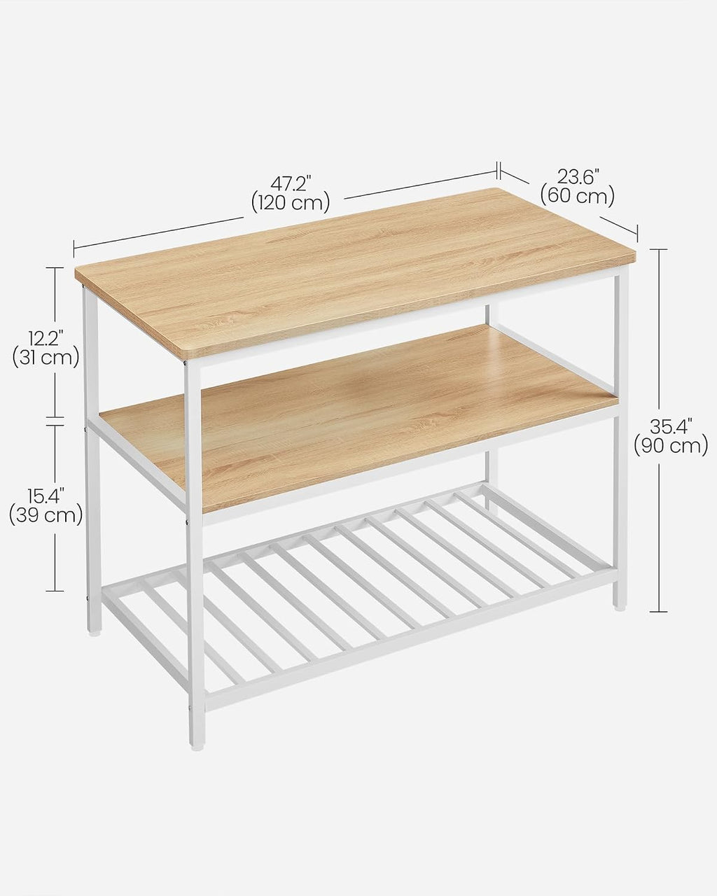 VASAGLE Kitchen Island with 3 Shelves, 47.2 Inches Width Kitchen Shelf with Large Worktop, Stable Steel Structure, Industrial, Easy to Assemble, Oak Color and White UKKI001W09