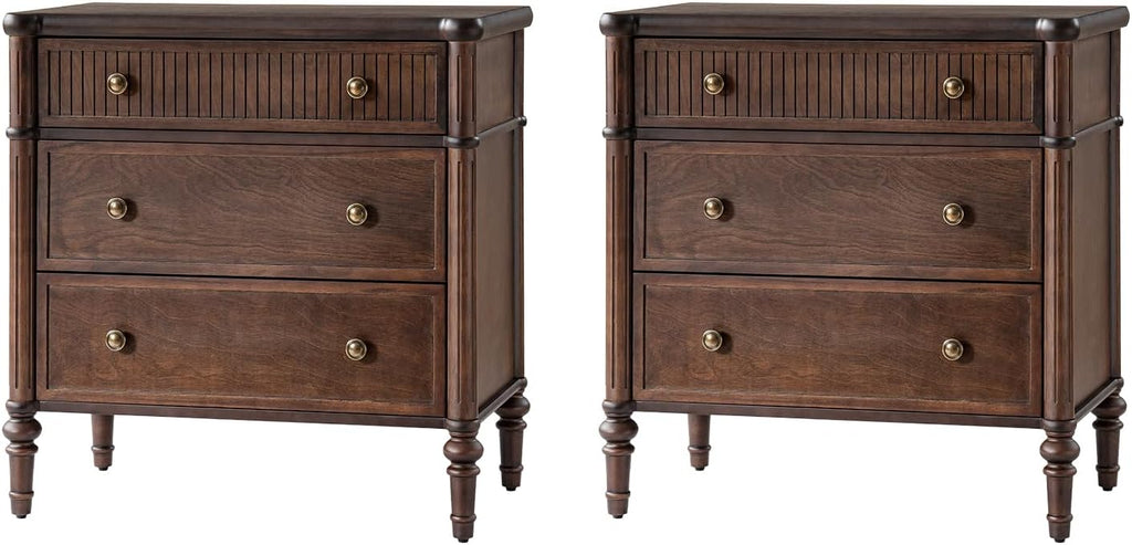 HULALA HOME Traditional End Table with Charging Station, Fluted End Tables with Wood Drawers and Solid Wood Spindle Legs, 28 Inch Wide Storage Set of 2, Walnut