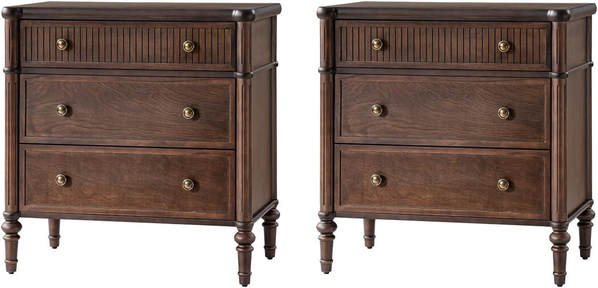 HULALA HOME Traditional End Table with Charging Station, Fluted End Tables with Wood Drawers and Solid Wood Spindle Legs, 28 Inch Wide Storage Set of 2, Walnut