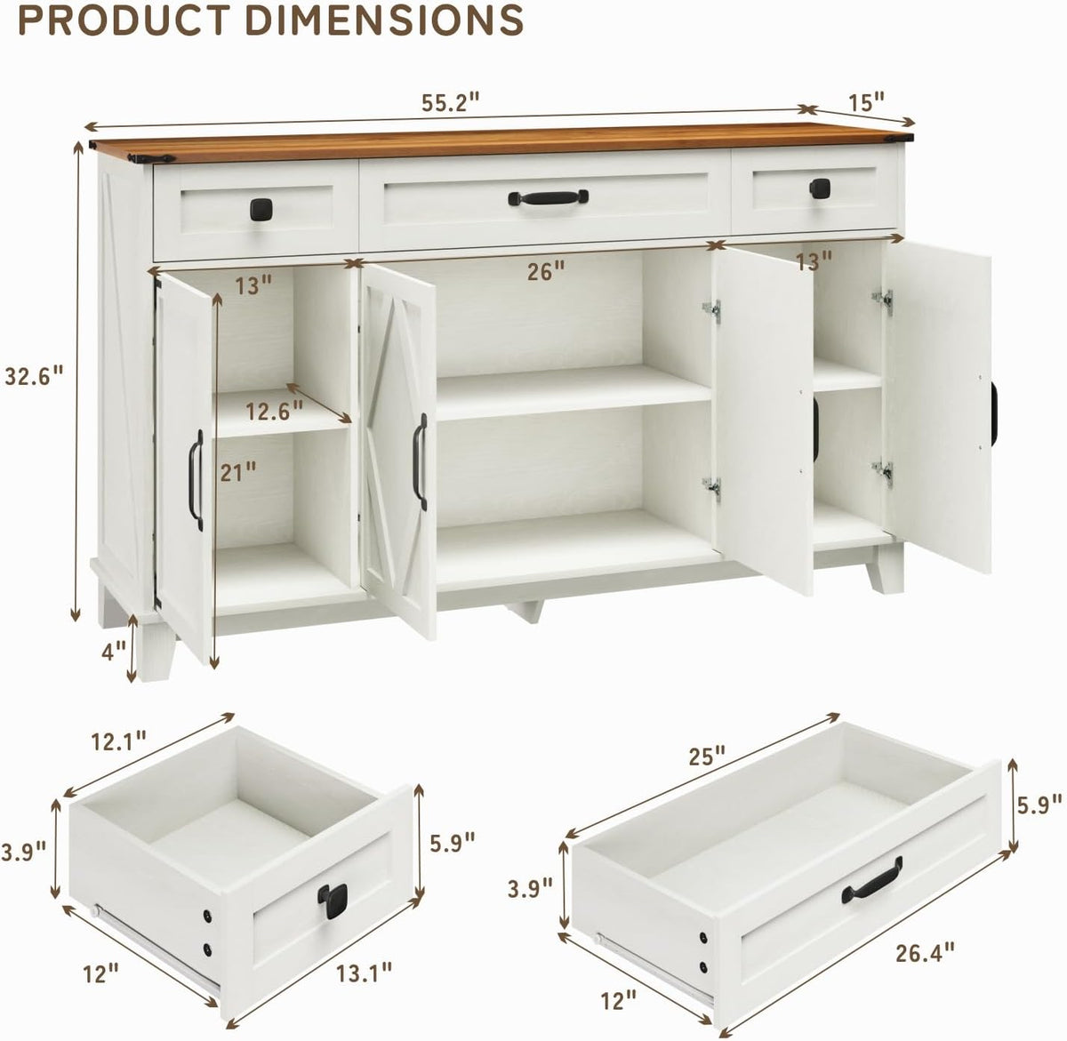 Farmhouse Buffet Cabinet with Drawers, 55" Large Sideboard Kitchen Buffet Storage Cabinet with 3 Adjustable Shelves and Doors Heightened Table Wood Coffee Bar for Kitchen Living Room, Off-White