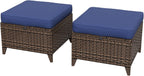 COOS BAY Harbor Retreat Wicker Outdoor Ottomans Set of 2, Patio Footrests with Removable Cushions for Couch, Deck, Backyard & Poolside, Brown/Blue