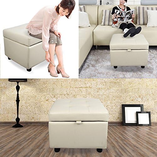 H&B Luxuries Tufted Leather Square Flip Top Storage Ottoman Cube Foot Rest (Cream with Storage)