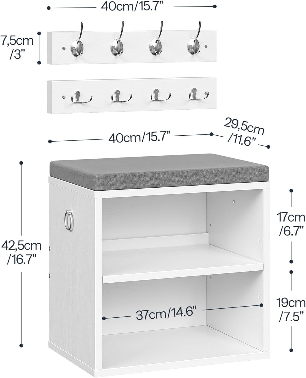 HOOBRO Shoe Storage Bench with Cushion, Entryway Bench with Coat Rack Set, Small Shoe Storage Organizer with Adjustable Shelf, for Narrow Hallway Foyer, Bedroom, White and Gray WG28HX01
