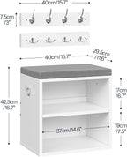 HOOBRO Shoe Storage Bench with Cushion, Entryway Bench with Coat Rack Set, Small Shoe Storage Organizer with Adjustable Shelf, for Narrow Hallway Foyer, Bedroom, White and Gray WG28HX01
