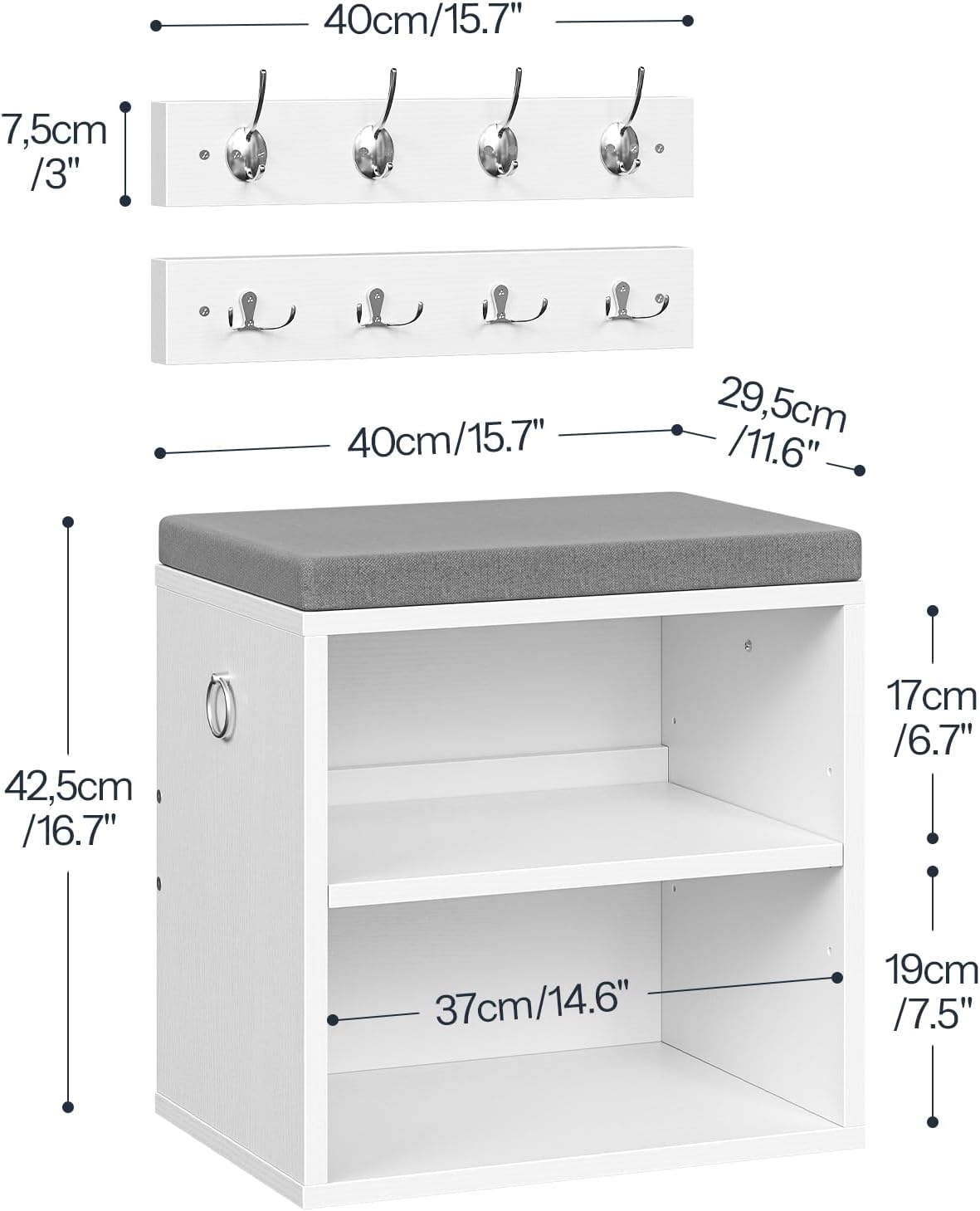 HOOBRO Shoe Storage Bench with Cushion, Entryway Bench with Coat Rack Set, Small Shoe Storage Organizer with Adjustable Shelf, for Narrow Hallway Foyer, Bedroom, White and Gray WG28HX01