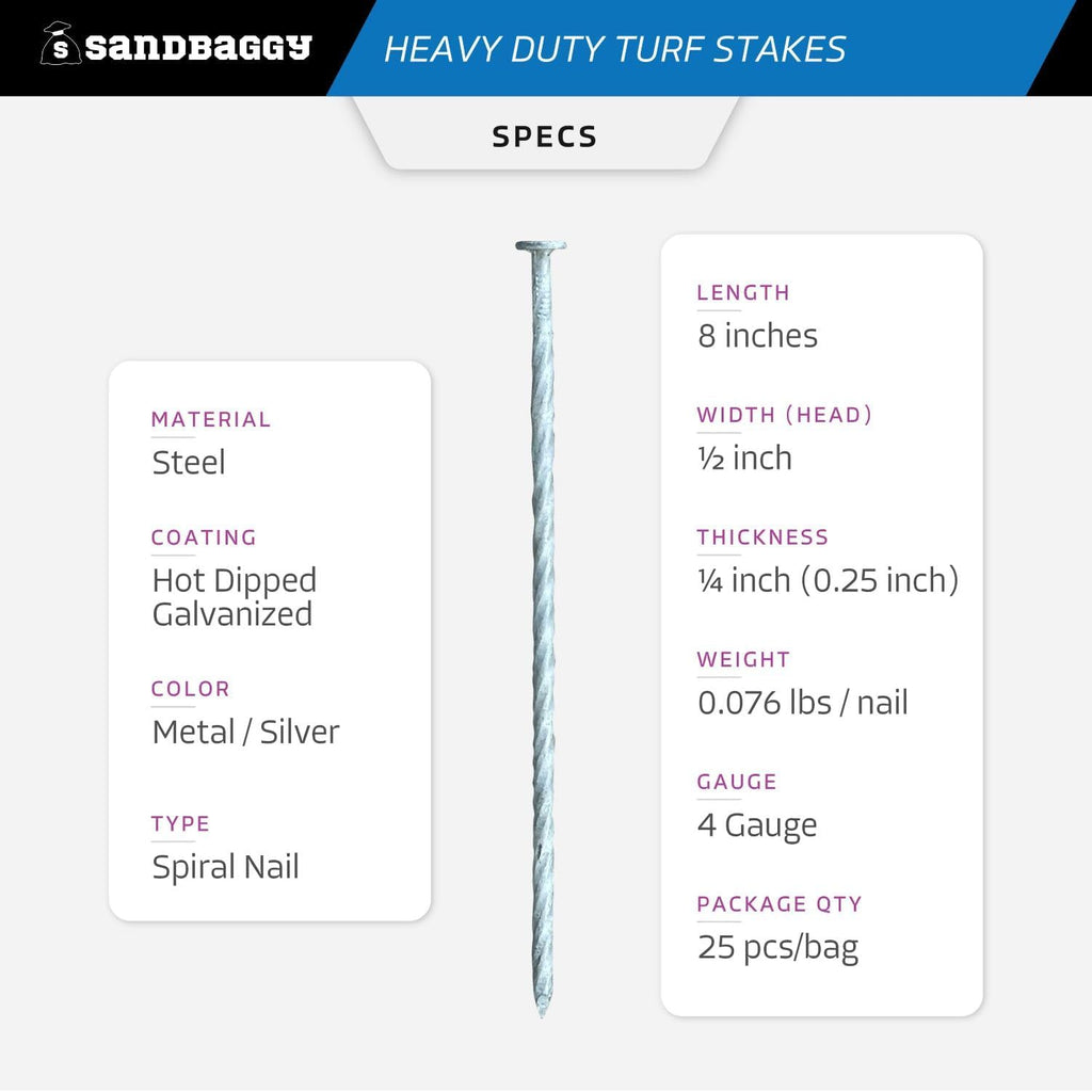 Sandbaggy 8" Heavy Duty Galvanized Artificial Turf Stakes - Spiral Landscape Nails - Ground Spikes/Pins - Synthetic Grass, Lawn, Edging, Weed Barrier Fabric, Garden (8 inch - Heavy Duty, 50, Count)