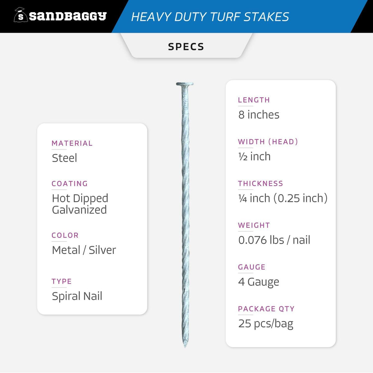 Sandbaggy 8" Heavy Duty Galvanized Artificial Turf Stakes - Spiral Landscape Nails - Ground Spikes/Pins - Synthetic Grass, Lawn, Edging, Weed Barrier Fabric, Garden (8 inch - Heavy Duty, 50, Count)