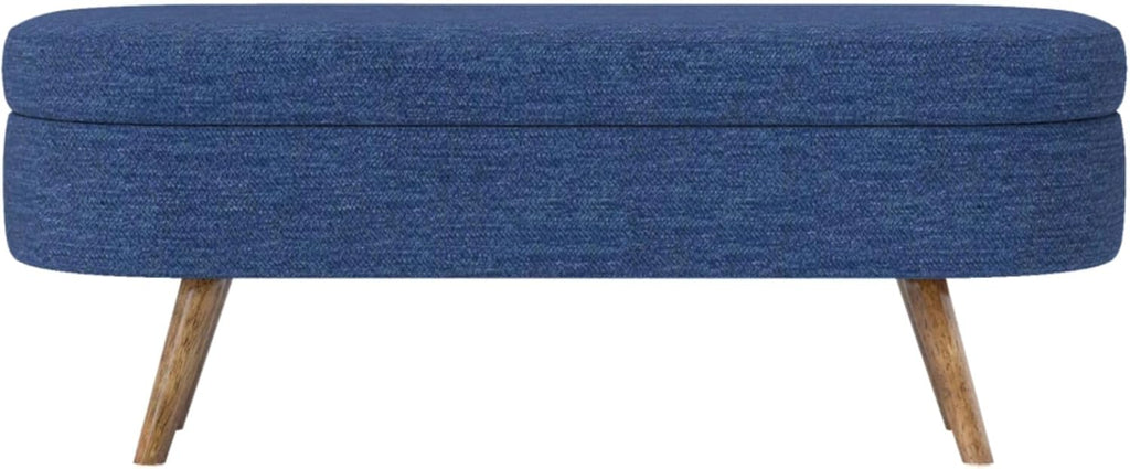 Oval Storage Ottoman Bench with Hidden Storage and Foam Padded Seat, Upholstered Entryway Footstool with Rubber Wood Legs, Decorative Bedroom End of Bed Accent Furniture for Living Room (Blue)