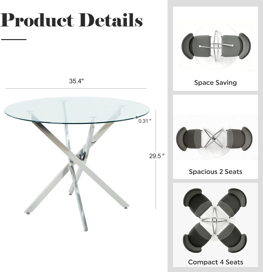 36-Inch Round Tempered Glass Dining Table for 2-4 Person Space-Saving Small Kitchen Table with Heavy-Duty Metal Legs Perfect for Dining Room, Apartment, Condo (Silver)