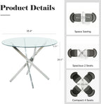 36-Inch Round Tempered Glass Dining Table for 2-4 Person Space-Saving Small Kitchen Table with Heavy-Duty Metal Legs Perfect for Dining Room, Apartment, Condo (Silver)