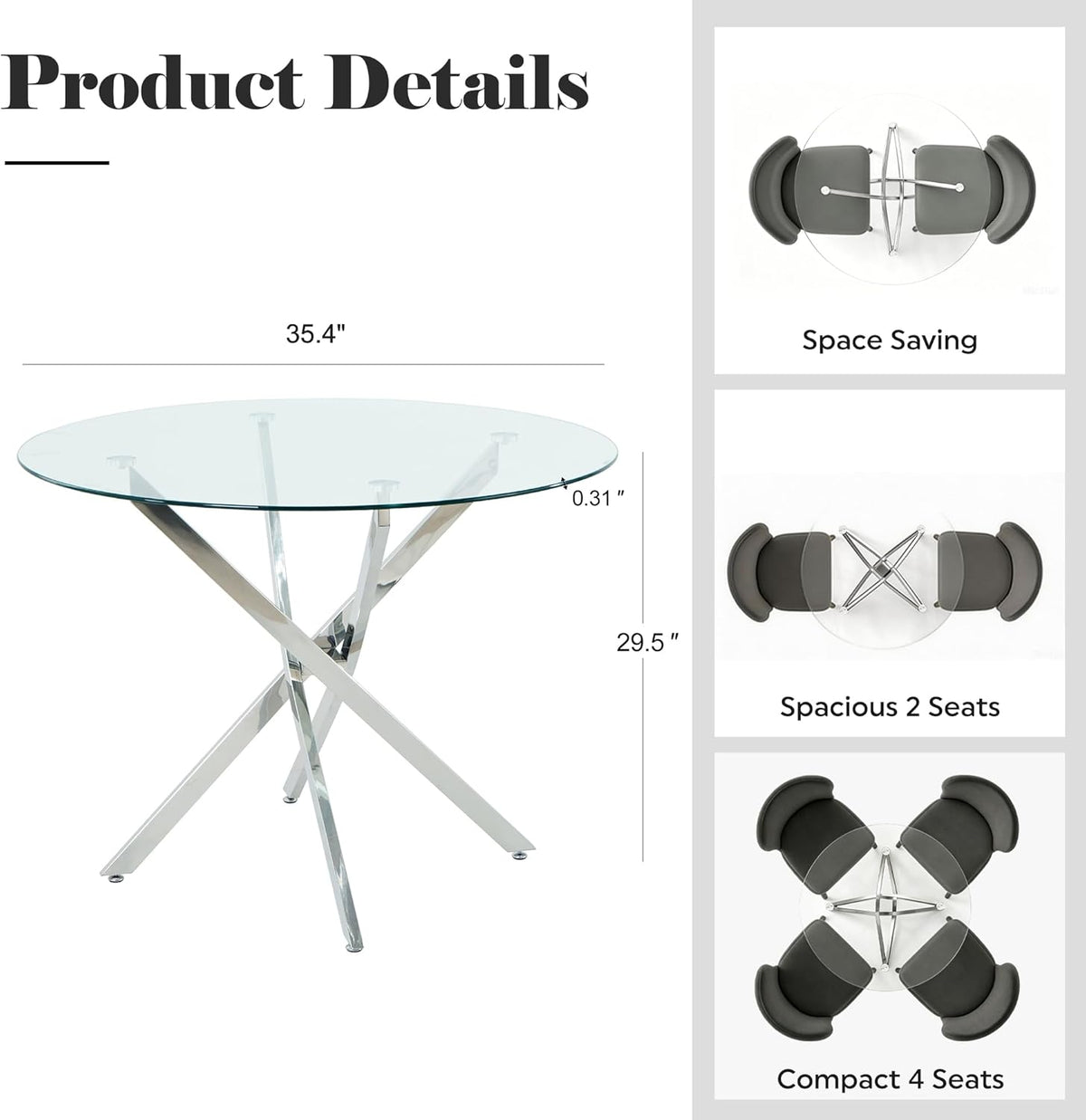 36-Inch Round Tempered Glass Dining Table for 2-4 Person Space-Saving Small Kitchen Table with Heavy-Duty Metal Legs Perfect for Dining Room, Apartment, Condo (Silver)
