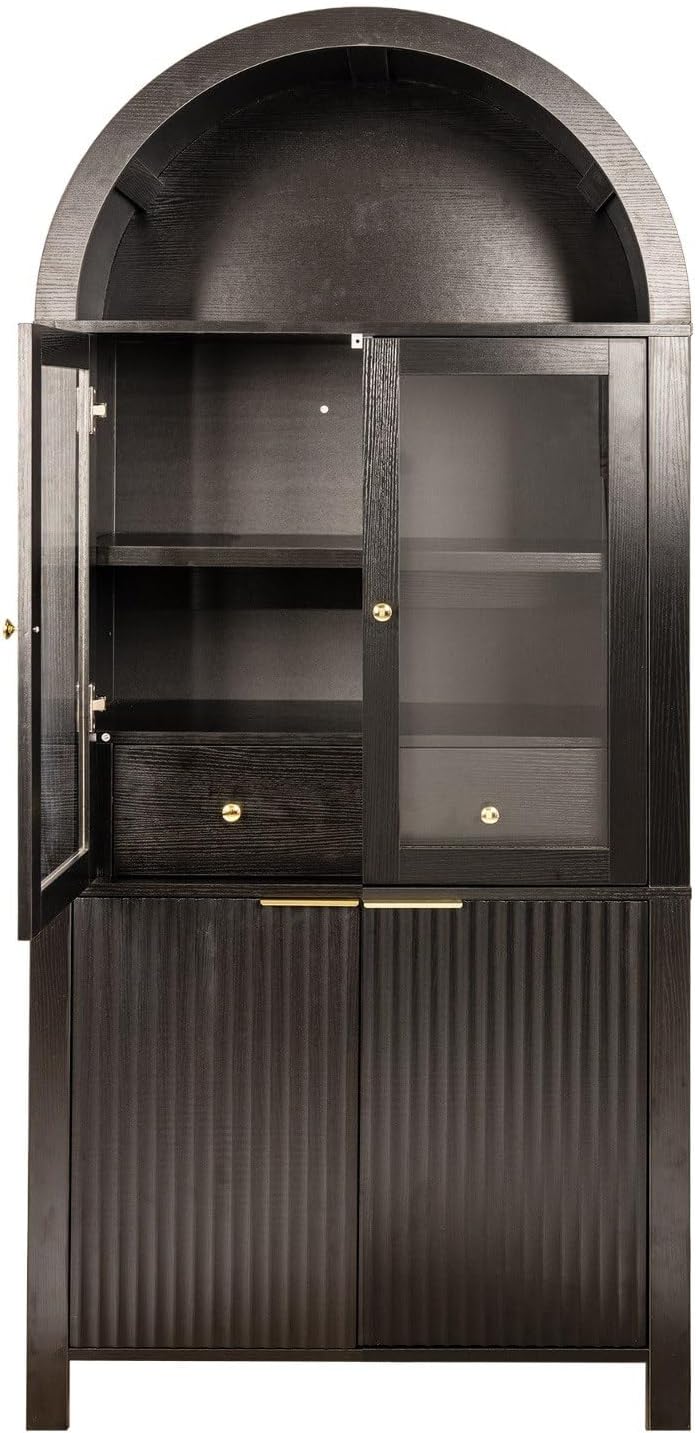 71" Tall Arched Pantry Cabinet with Glass Doors, Fluted Kitchen Storage Cabinet with Adjustable Shelves & Hidden Drawer, Freestanding Display Cabinet for Kitchen, Black