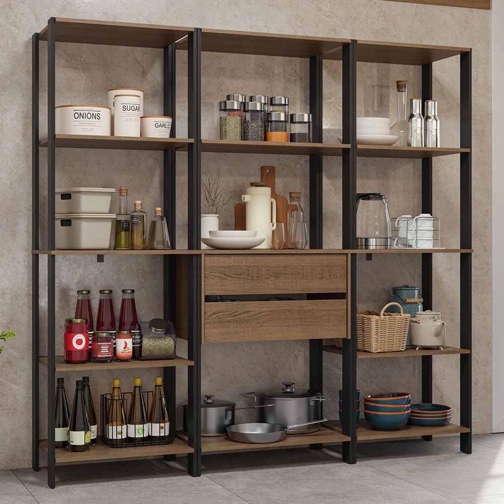 Madesa Kitchen Pantry Storage Rack with 2 Drawers and Open Shelves 74" L Multiuse Modular Cabinet for Kitchen Organization - Black/Brown