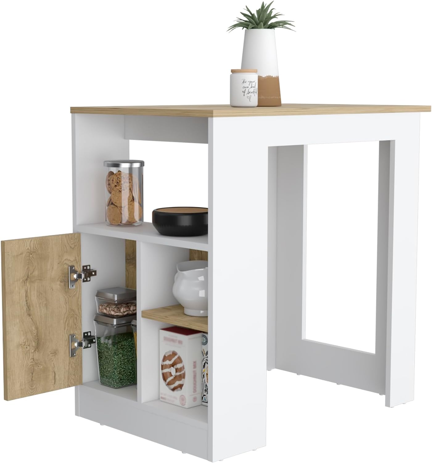 Kitchen Island with 1-Door Cabinet and Side Shelves | Push-to-open cabinet with three side storage shelves