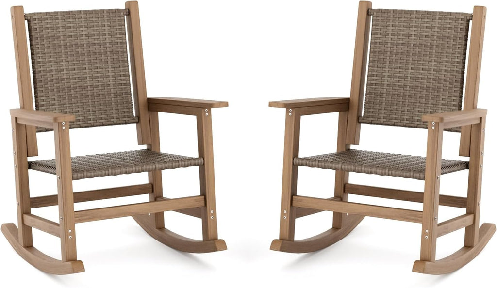 HDPE Outdoor Rocking Chair Set of 2, Wicker Patio Rocking Chair for Adult, All Weather Rocking Chair Outdoor for Porch, Garden, Lawn, and Balcony (Brown)
