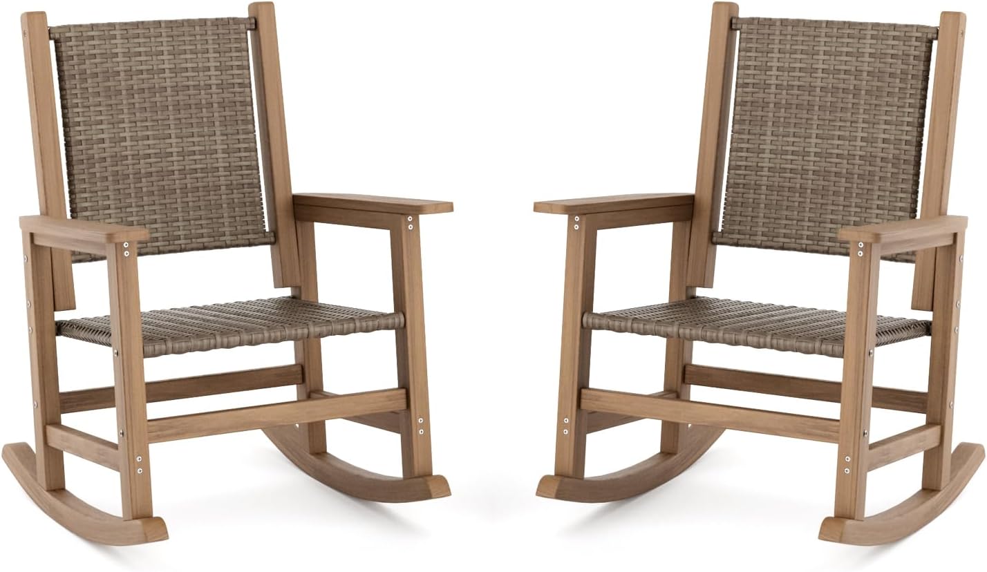 HDPE Outdoor Rocking Chair Set of 2, Wicker Patio Rocking Chair for Adult, All Weather Rocking Chair Outdoor for Porch, Garden, Lawn, and Balcony (Brown)