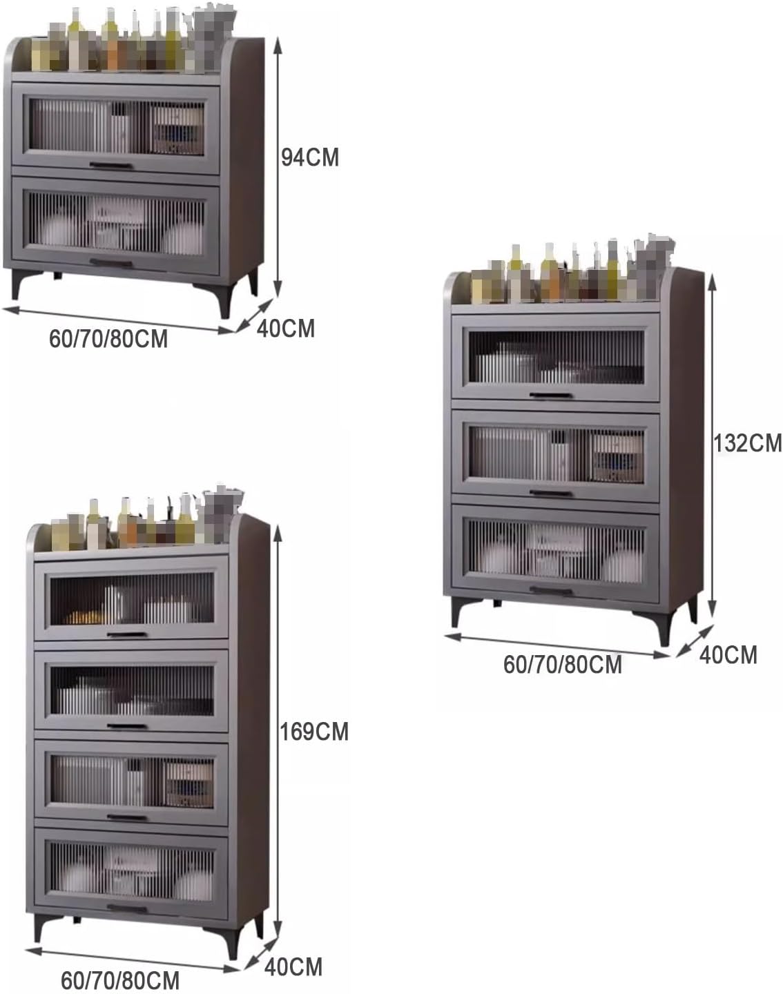 Kitchen Pantry Storage Cabinet E1 Grade Environmental Protection Board Concealed Flip-up Glass Cabinet Doors, for Kitchen Dining Room Living Room(Ash Gray,60cm*40cm*169cm)