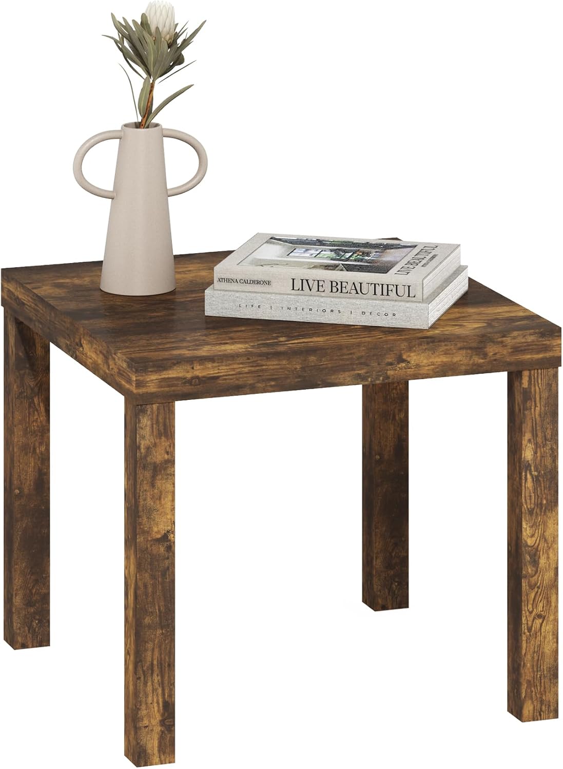 Furinno Classic Side Table, Square Modern End Table with 1.8" Triple Thick Tabletop, Simple Night Stand, Bedside Table, Toolless Assembly, for Living Room, Bedroom, Amber Pine