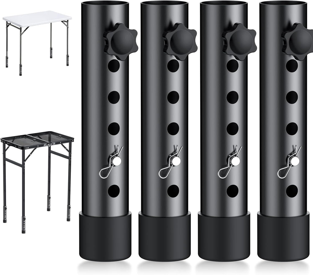 4Pack Folding Table Leg Extenders, 5 Levels Adjustable Height Rise Up to 6.1” Heavy Duty Steel Table Risers for Straight and Bent Legs Under 1.4" Diameters, Black