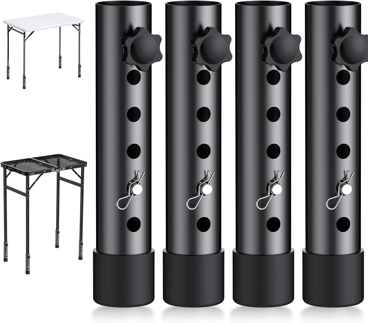 4Pack Folding Table Leg Extenders, 5 Levels Adjustable Height Rise Up to 6.1” Heavy Duty Steel Table Risers for Straight and Bent Legs Under 1.4" Diameters, Black