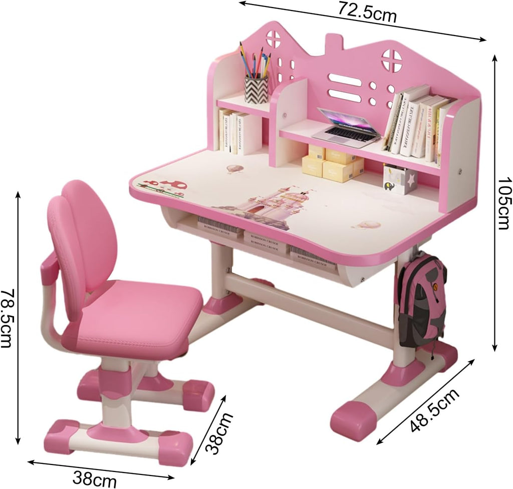 Kids Desk and Chair Set, Height Adjustable Study Table for Home and School | Study Writing Desk With Widened Desktop, Bookstand, Storage Drawer and Ergonomic Chair for Boys and Girls. Pink