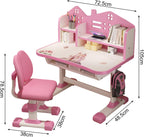 Kids Desk and Chair Set, Height Adjustable Study Table for Home and School | Study Writing Desk With Widened Desktop, Bookstand, Storage Drawer and Ergonomic Chair for Boys and Girls. Pink