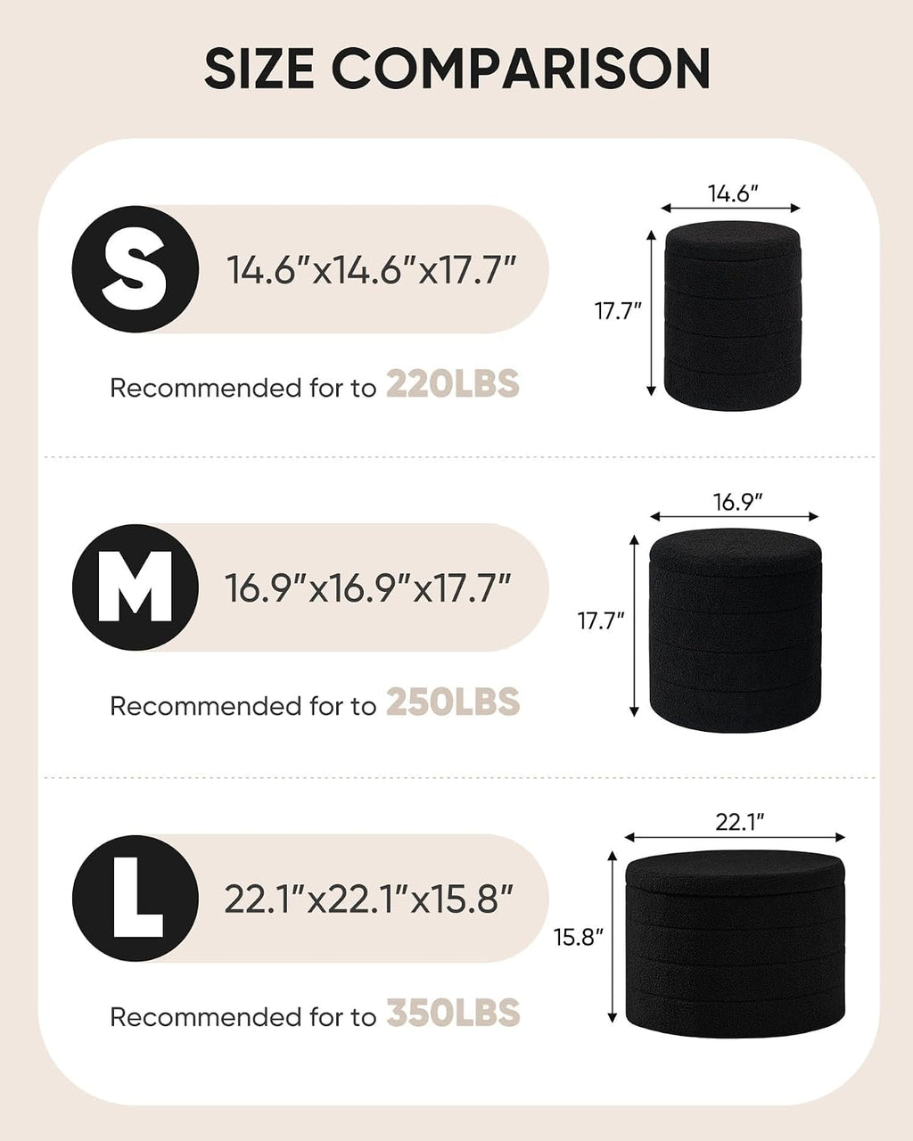B FSOBEIIALEO Folding Storage Ottoman, Round Sherpa Ottomans, Black | 16.9" Foldable Ottoman With Tray, Boucle Foot Stool, Small Storage Coffee Table for Living Room, Bedroom, Hallway
