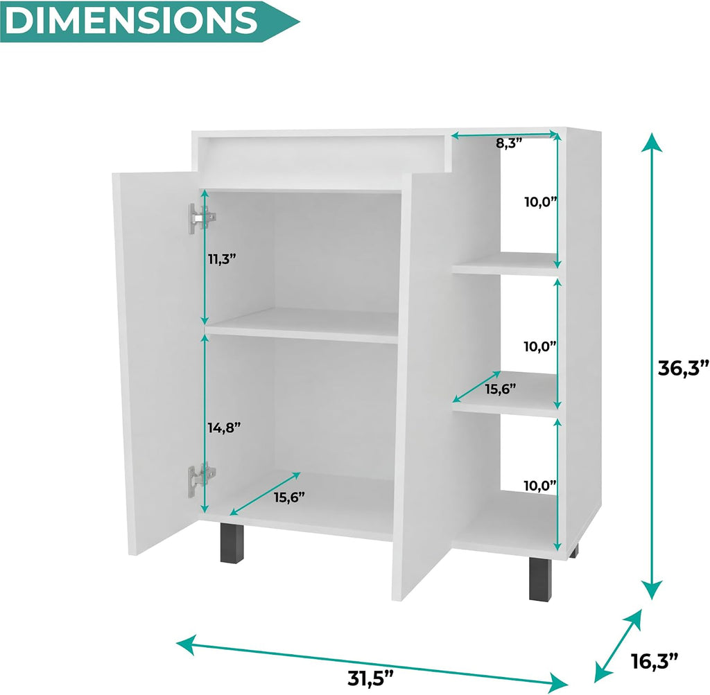 Tuhome Cesna Microwave Sideboard Kitchen Pantry Cabinet, 36.3" Freestanding Pantry Storage with 2 Doors, 5 Shelves & Appliance Surface, White Engineered Wood