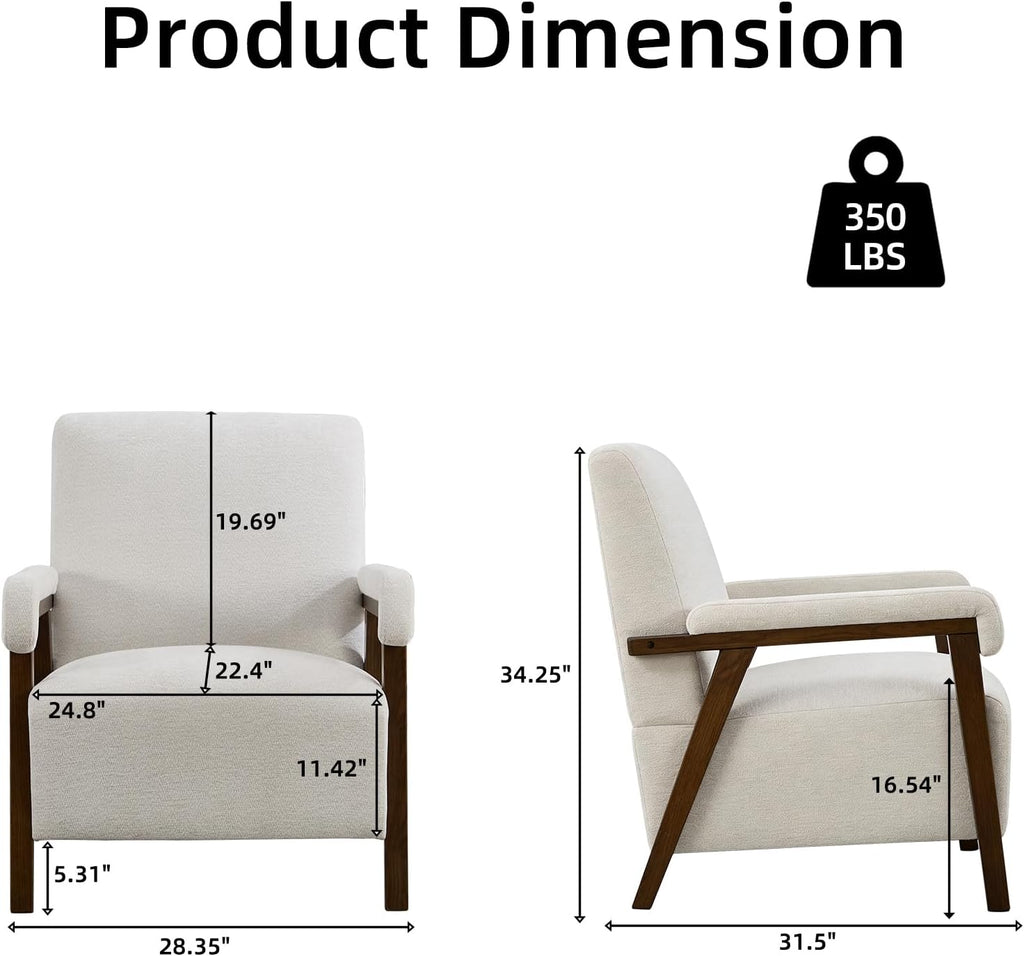CANMOV Mid Century Modern Accent Chair, Upholstered Reading Armchair with Solid Wood Frame, Soft Fabric, Easy Assembly Sofa Chair for Bedroom, Living Room & Cafe (1, Crem White)