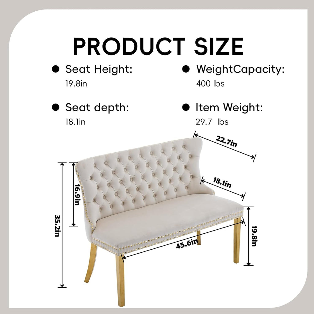 Velvet Double Dining Loveseat Bench with Wing Back, Tufted Upholstered 2-Seat Design,Golden Stainless Steel Legs, Modern Mid-Century Accent Seating for Dining Room, Kitchen, or Entryway (Beige)