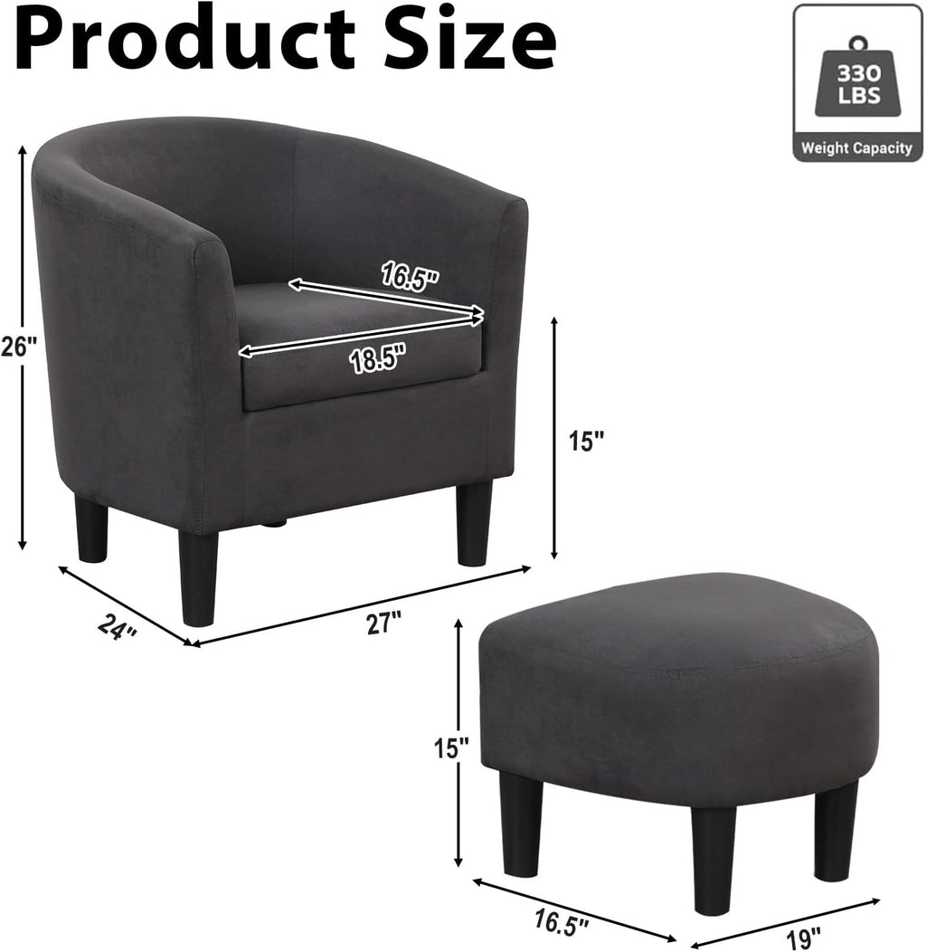 INZOY Modern Accent Chair with Ottoman for Small Space, Club Chair with Ottoman Set, Comfy Fabric Barrel Reading Chairs for Living Room Bedroom, Round Reading Chair with Foot Rest, Dark Grey