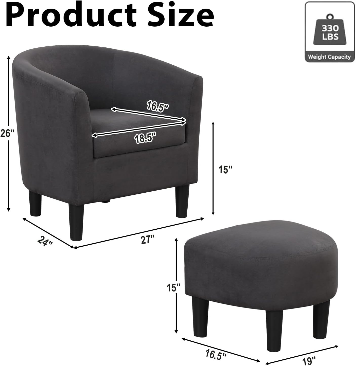 INZOY Modern Accent Chair with Ottoman for Small Space, Club Chair with Ottoman Set, Comfy Fabric Barrel Reading Chairs for Living Room Bedroom, Round Reading Chair with Foot Rest, Dark Grey