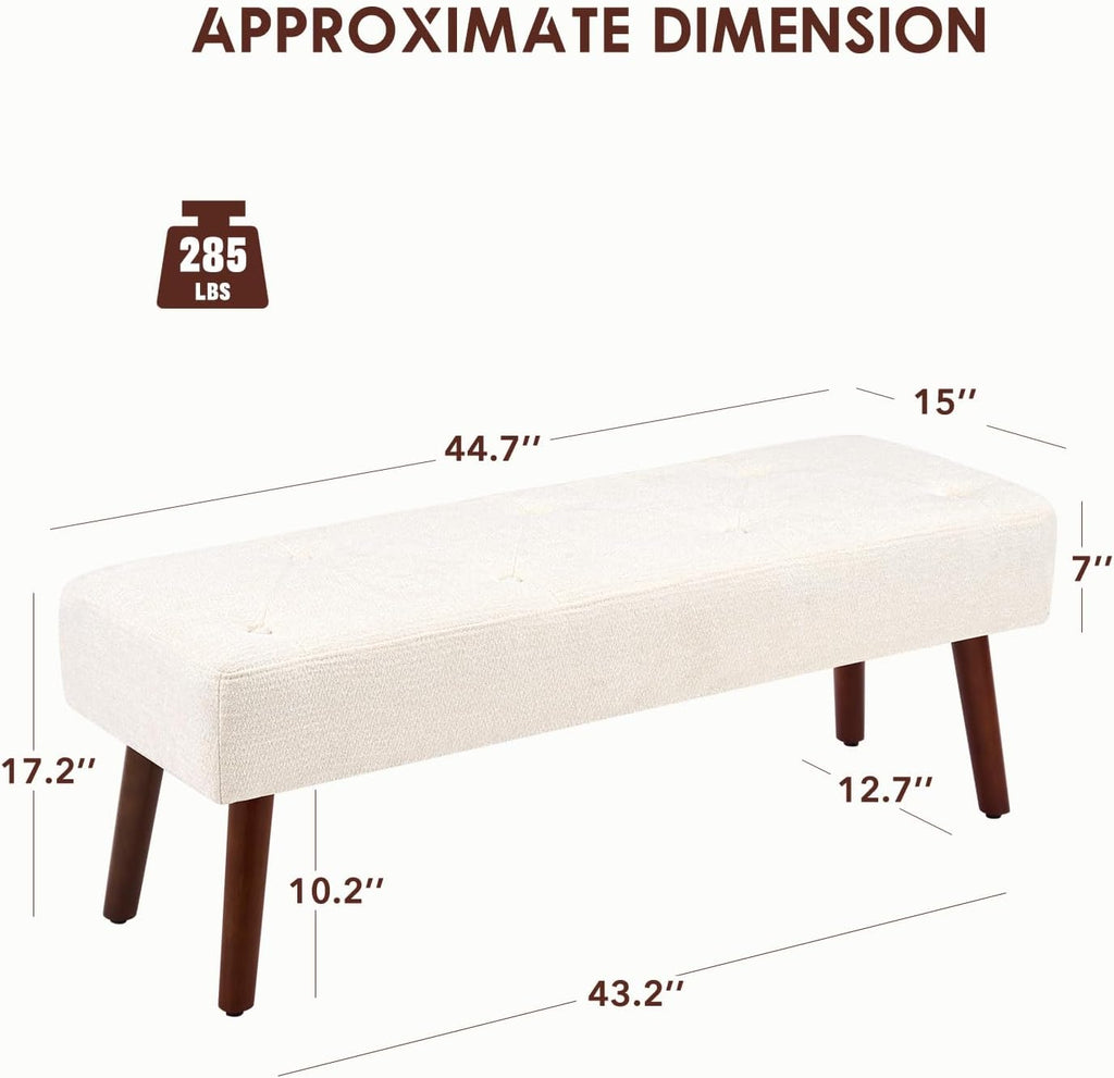Furniliving 44 Inch Bedroom Bench, Modern Ottoman End of Bed Bench, Upholstered Chenille Padded Benches Ottoman Bench with Wooden Legs for Living Room Hallway, Kitchen, Entryway, Beige