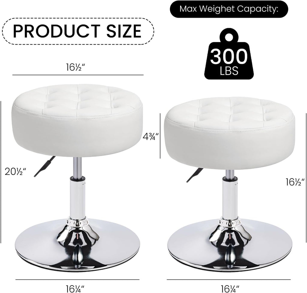 360° Swivel PU Leather Vanity Stool, White Makeup Chair for Bedroom, Large Round Ottoman Stool