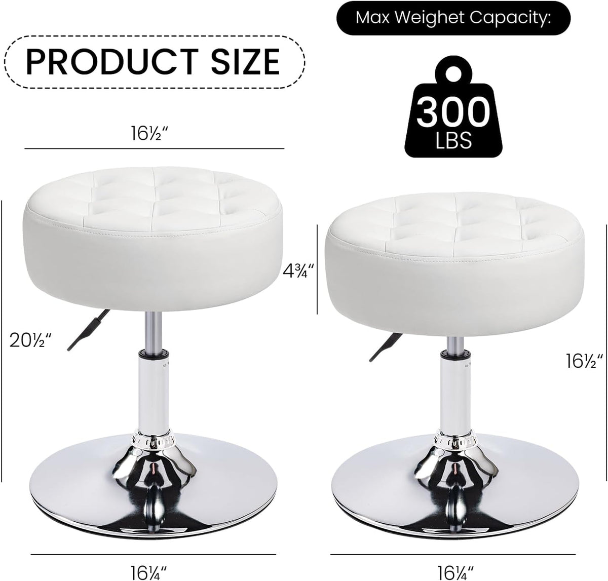 360° Swivel PU Leather Vanity Stool, White Makeup Chair for Bedroom, Large Round Ottoman Stool