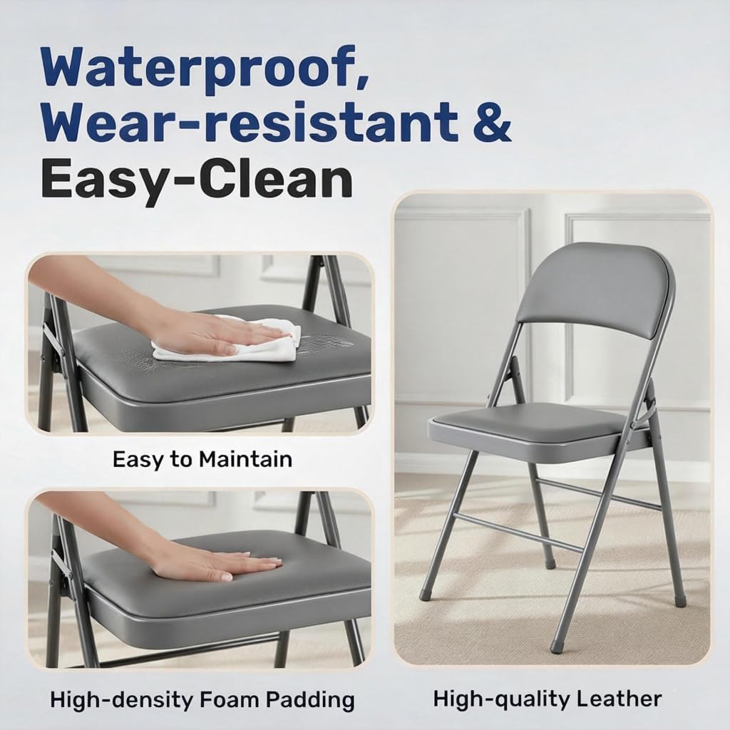 Simple Deluxe Dining Chairs Set of 2, Leather Cushion Foldable Modern Kitchen Side Chair with Padded Back& Metal Legs, Upholstered Dinner Seat Gift for Home/Living Room/Bedroom/Restaurant, Grey
