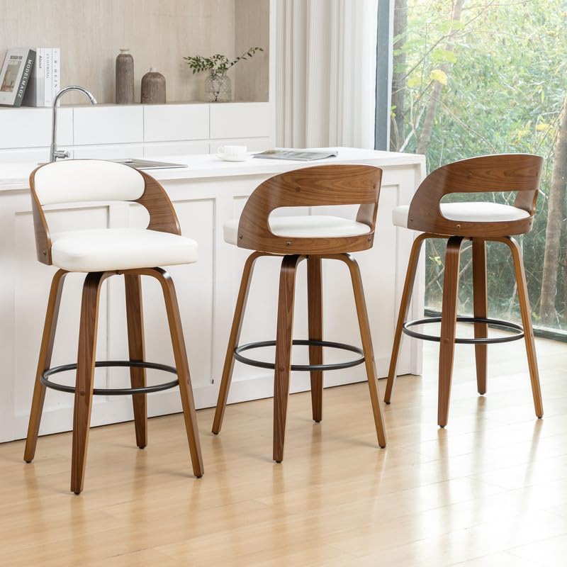 Swivel Counter Height Stools Set of 4, 25" Counter Stools with Bentwood Curved Back Upholstered Seats Mid Century Modern Stools for Kitchen Island, Counter, White