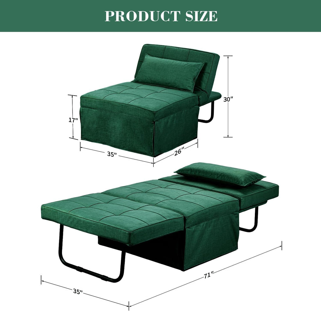 Green Sofa Bed, Convertible Chair 4 in 1 Multi-Function Modern Folding Ottoman Guest Bed with Adjustable Sleeper for Small Room Apartment