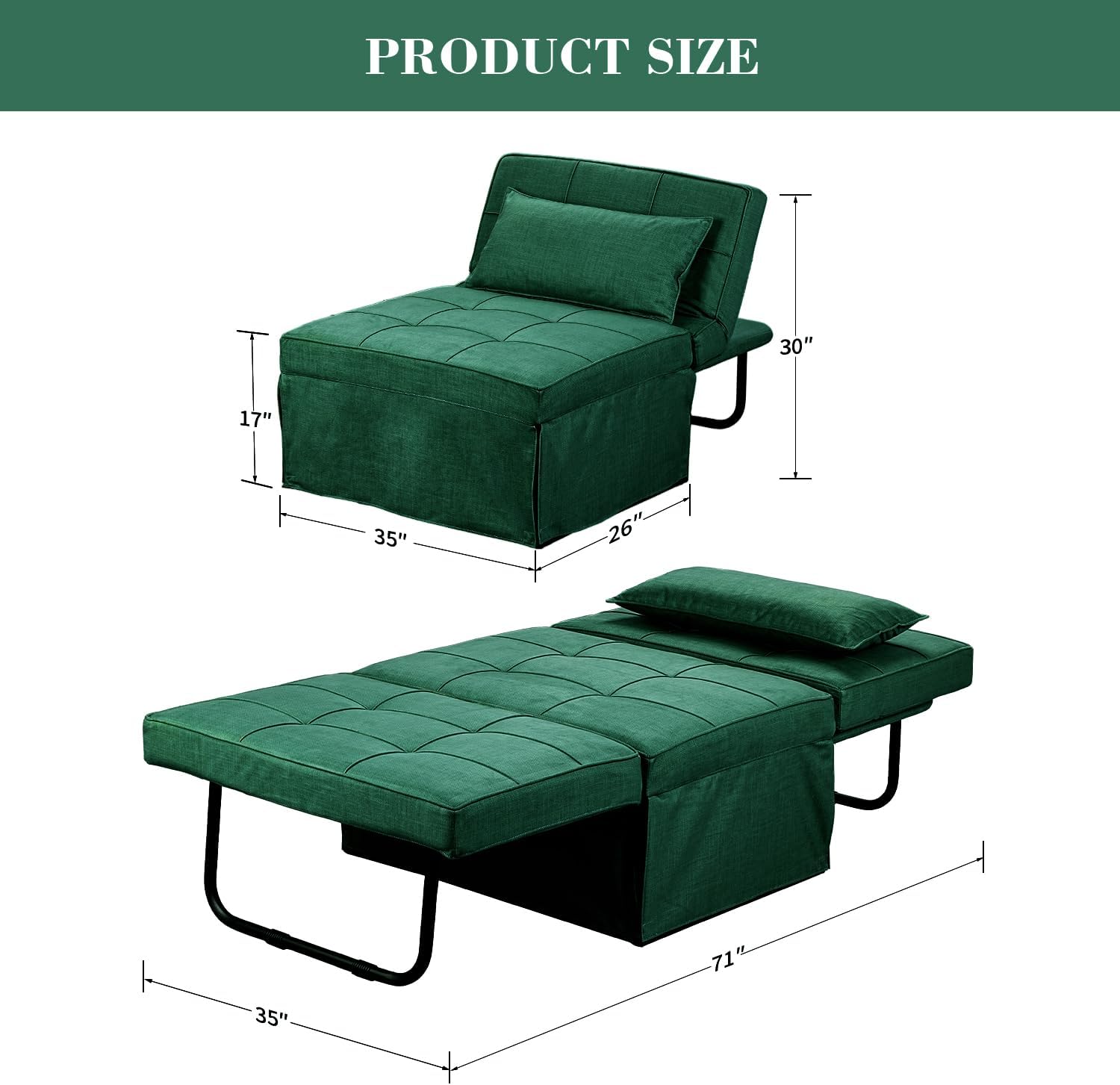 Green Sofa Bed, Convertible Chair 4 in 1 Multi-Function Modern Folding Ottoman Guest Bed with Adjustable Sleeper for Small Room Apartment