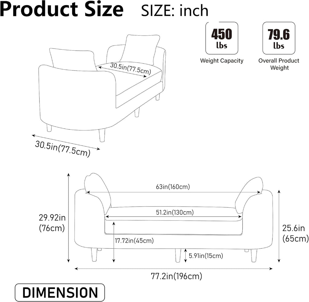77" End of Bed Bench King Size,Chenille Extra Large Window Bench with 2 Pillows,End of Bed Couch,Upholstered Daybed Bench for Living Room(Beige,Ivory,White)