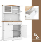 LOKO 68” Tall Kitchen Pantry Cabinet, Wood Sideboard Cupboard with Microwave Countertop, Sliding Glass Door, Freestanding Buffet Hutch with Trash Can Storage, for Home Coffee Bar, White & Natural