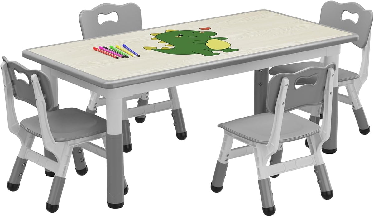 Jojoka Kids Table and 4 Chairs Set, Adjustable Toddler Activity Table Set, Wipe-Clean Desktop, Non-Slip Legs, Height Adjustable Kids Furniture for Home, Preschool, Daycare, Ages 2-10-Gray