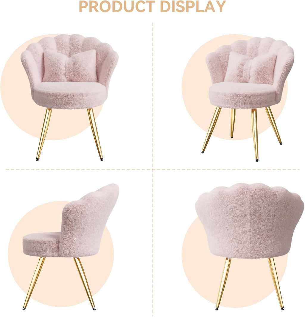 Plush Sherpa Accent Chair with Gold Metal Legs, Fluffy Vanity Chair for Makeup Room, Upholstered Guest Chair for Living Room, for Bedroom, Pink