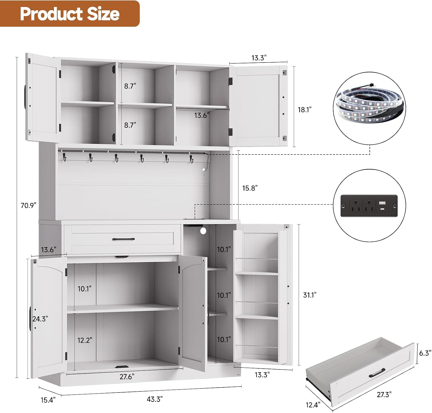 ONBRILL 71" Kitchen Pantry Storage Cabinet with LED Light/Outlet, Off-White | Pantry Cabinet, Kitchen Hutch with Microwave Shelf & 6 Hooks, Door Shelves & Drawer & Adjustable Shelves, for Dining Room
