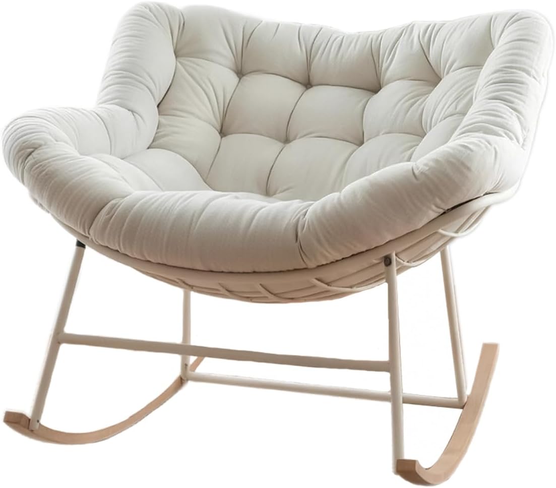 Oversized Papasan Rocking Chair with Thickened Cushion, Heavy-Duty Cozy Egg Chair, Large Comfy Lounge Chair for Reading, Relaxing & Bedroom Living Room, White