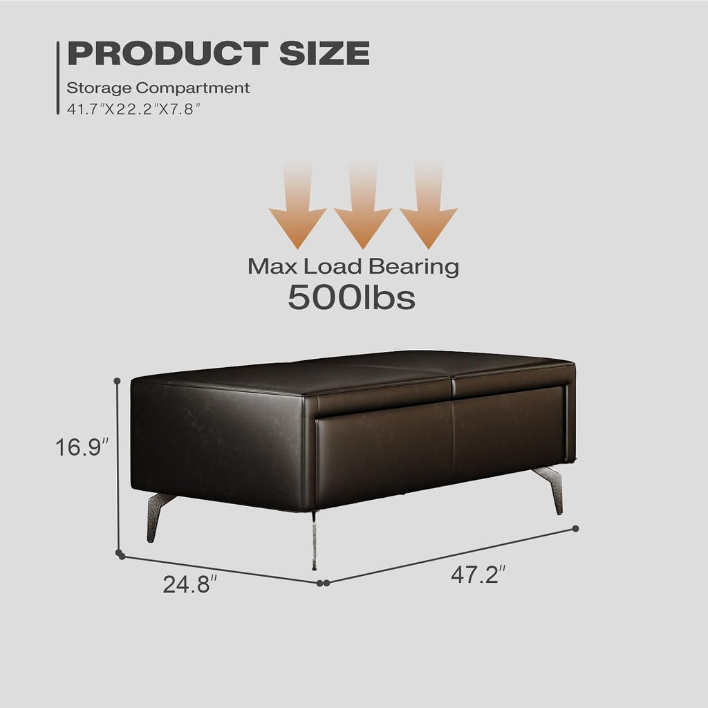 47 Inches Ottoman with Storage, Rectangle Faux Leather Ottoman Bench/Footrest/Shoes Bench, Upholstered Coffee Table for Living Room, Bedroom, Entryway, Black
