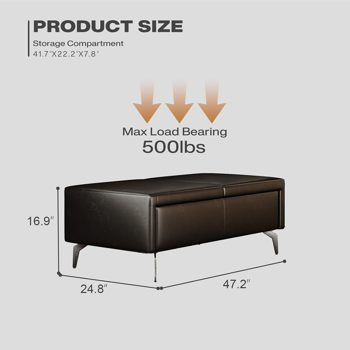 47 Inches Ottoman with Storage, Rectangle Faux Leather Ottoman Bench/Footrest/Shoes Bench, Upholstered Coffee Table for Living Room, Bedroom, Entryway, Black