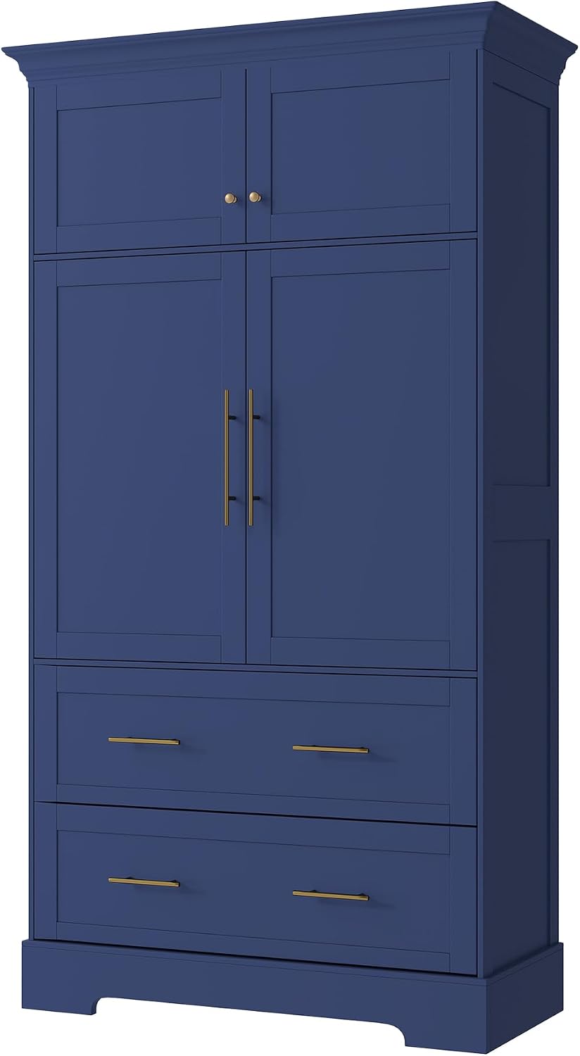 Farmhouse Freestanding Kitchen Pantry,4 Doors Dining Storage Cabinet with Pull-Out Trays, Drawers and Cake Pan Storage Organizer,for Dining Room (Blue-Q)