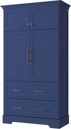 Farmhouse Freestanding Kitchen Pantry,4 Doors Dining Storage Cabinet with Pull-Out Trays, Drawers and Cake Pan Storage Organizer,for Dining Room (Blue-Q)